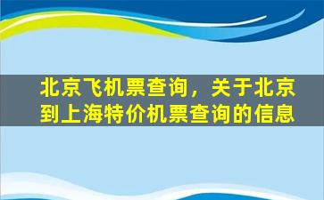 北京飞机票查询，关于北京到上海特价机票查询的信息