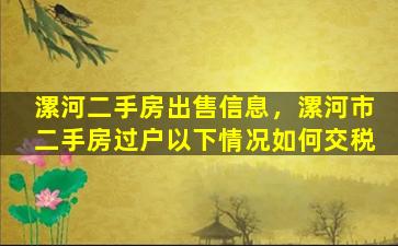 漯河二手房*信息，漯河市二手房过户以下情况如何交税